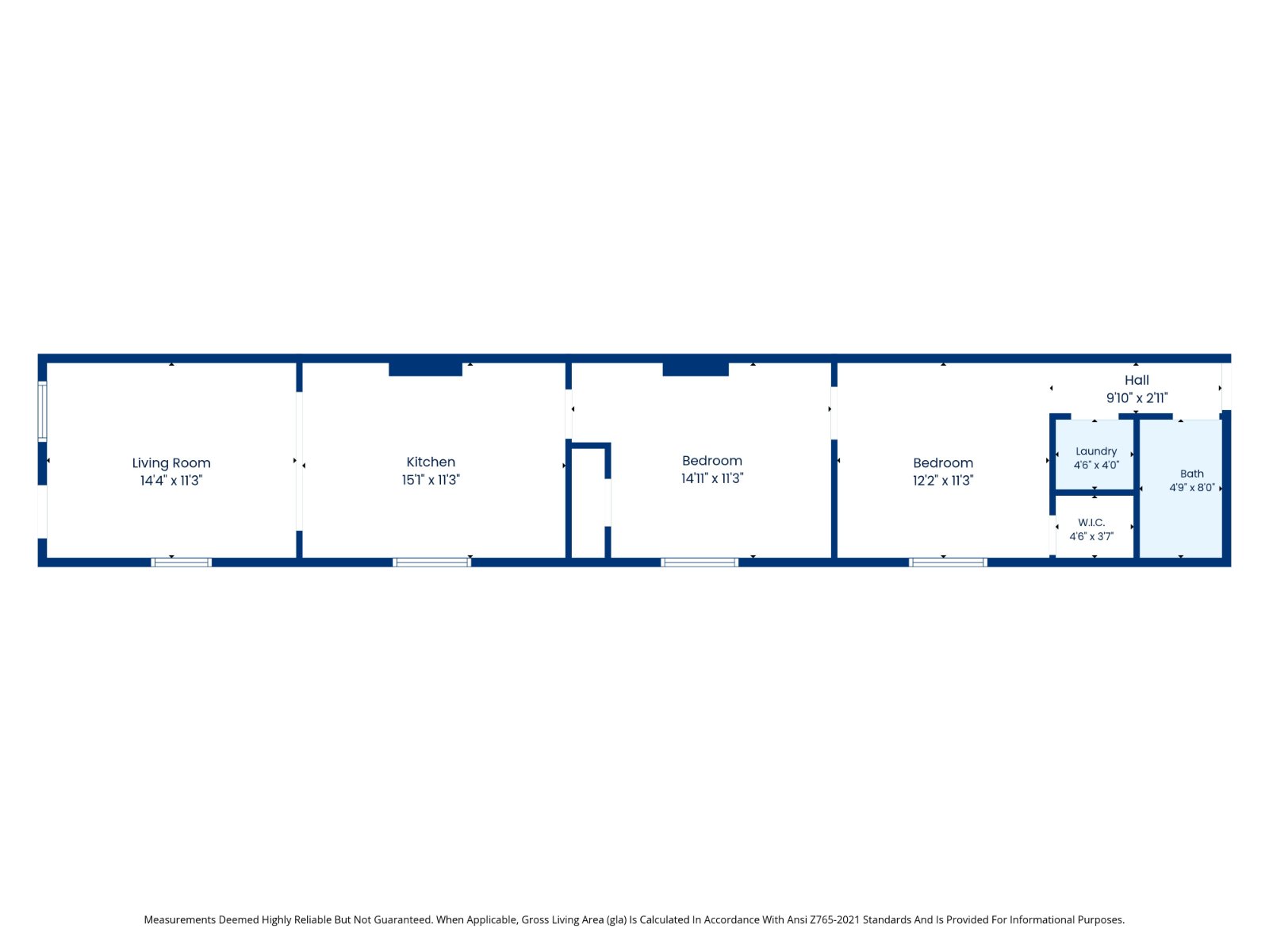 Floor plan of 1317 Spain Street: living room, kitchen, bathroom and bedrooms in a shotgun layout