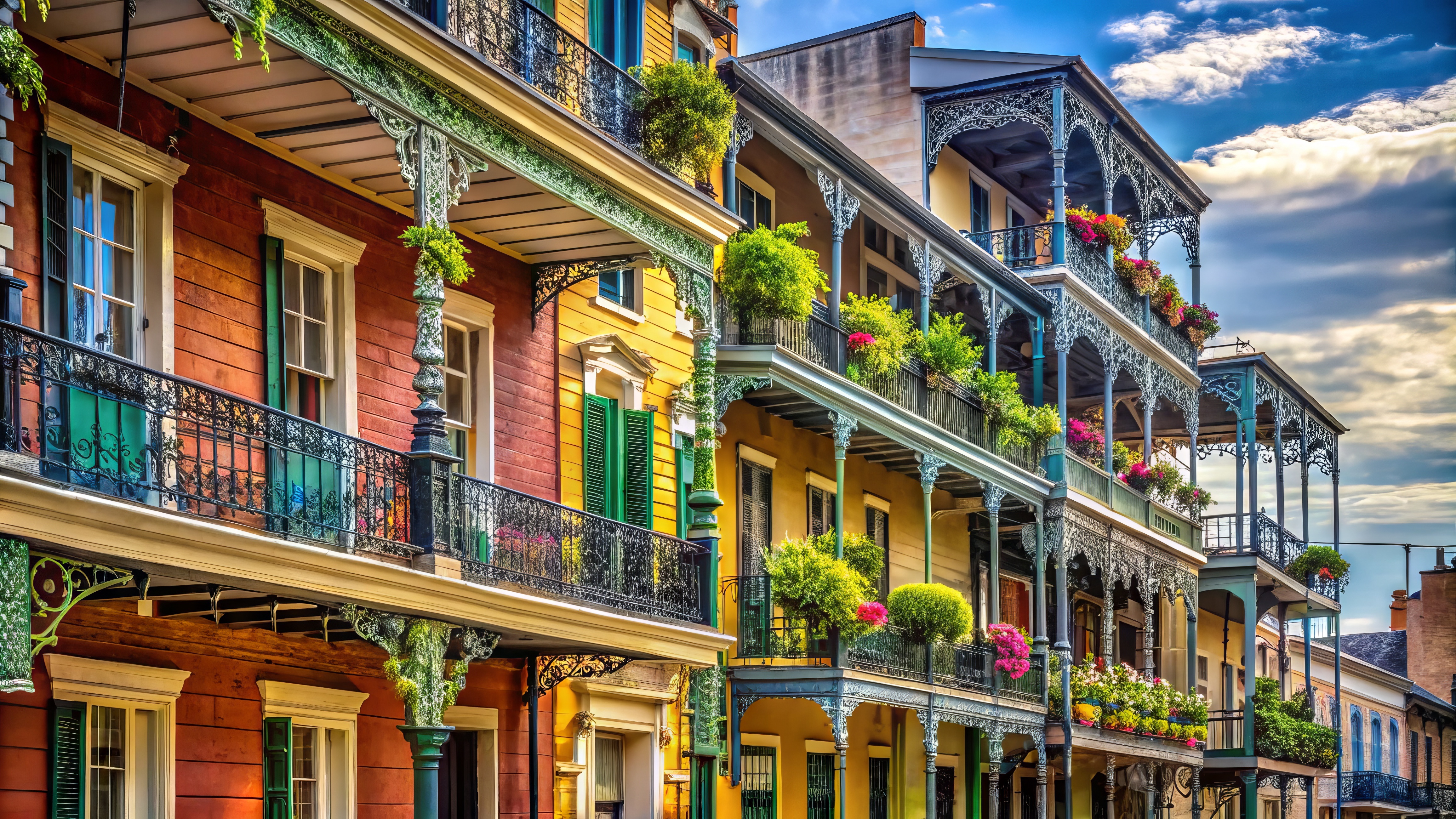 Row of historic New Orleans multifamily buildings with ornate cast-iron balconies, hanging ferns, and flower boxes